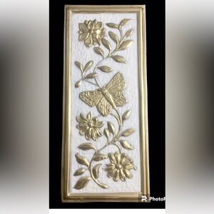 Vintage Gold Wall Art Plaque Dogwood Flowers Butterfly MCM Regency England